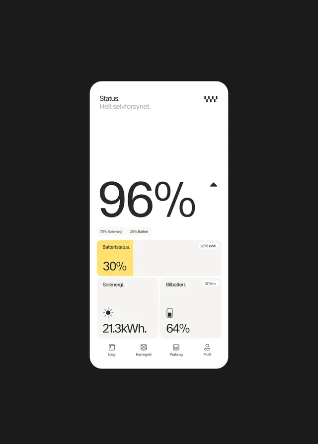 Norgram Watts home-energy mobile dashboard, minimal, corporate-clean, light
