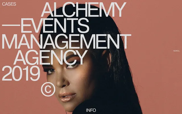 Alchemy Events oversized type hero, editorial, maximalist, warm