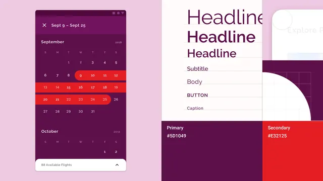 Flight booking calendar UI system, minimal, flat, dark