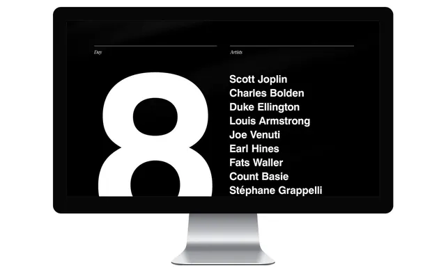 Jazz Day 8 monitor typographic display, swiss, minimal, dark