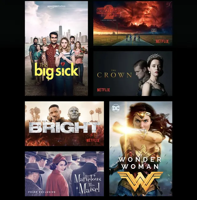 Apple TV streaming content grid layout, dark-mode, boxed, dark