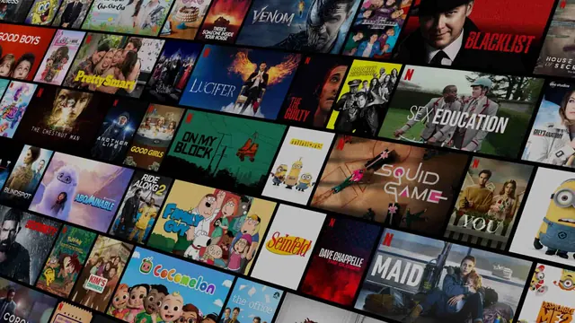 Netflix browse grid perspective collage, maximalist, photographic, dark