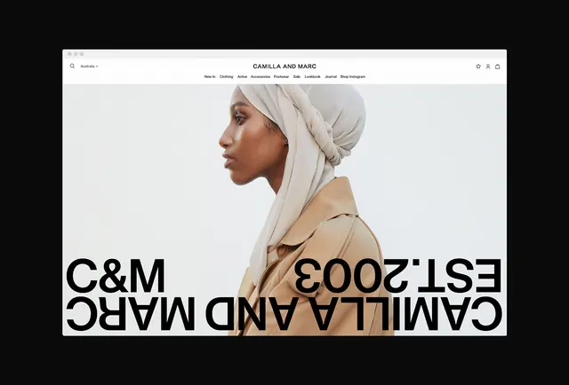 Camilla and Marc homepage hero, editorial, minimal, light