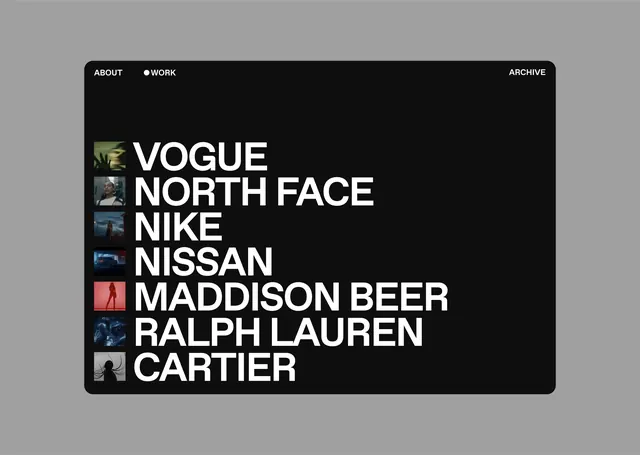 Dark portfolio work list UI, minimal, dark-mode, dark