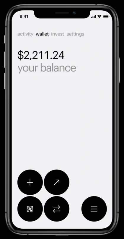 Fintech wallet app with action button grid, minimal, flat, light