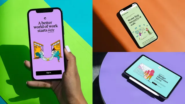 HR app mockup study with bold color blocking, flat, minimal, vibrant