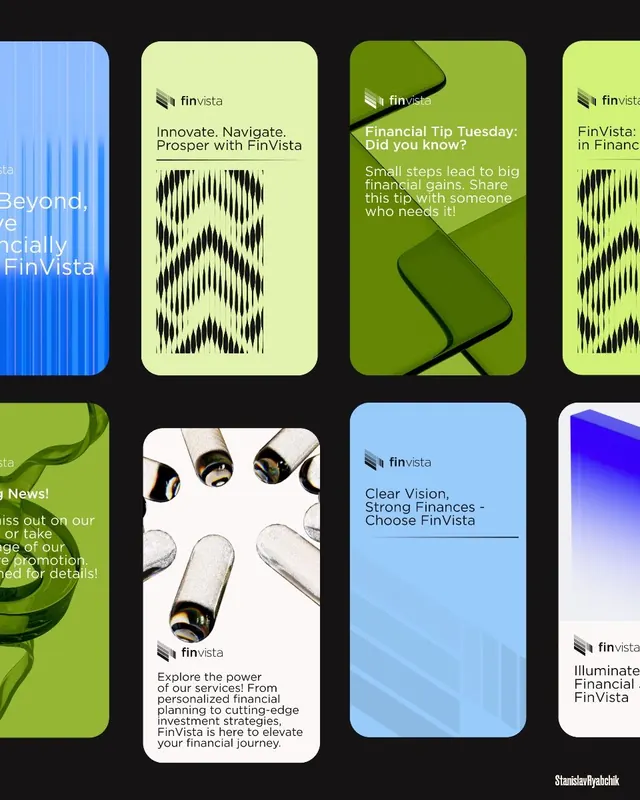 FinVista fintech app screen grid mockup, minimal, corporate-clean, light