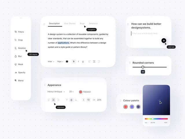 Design system editor UI with filters and properties, minimal, flat, light