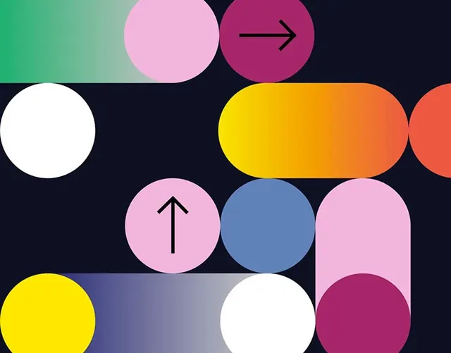 Vibrant overlapping shapes with directional arrows, abstract, geometric, vibrant