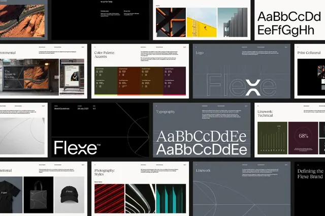 Monochrome branding system with geometric grid, minimal, corporate-clean, dark