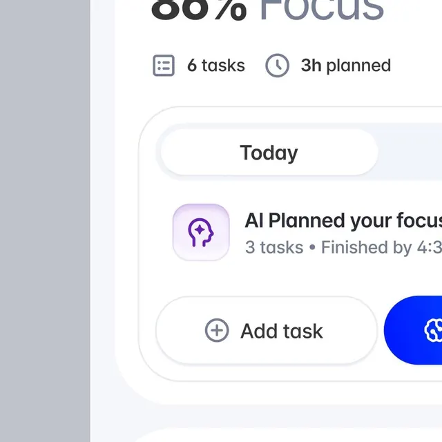 Focus productivity app: task planning interface, minimal, flat, light