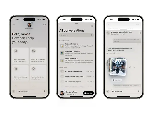 Three-screen messaging app UI flow, minimal, flat, light