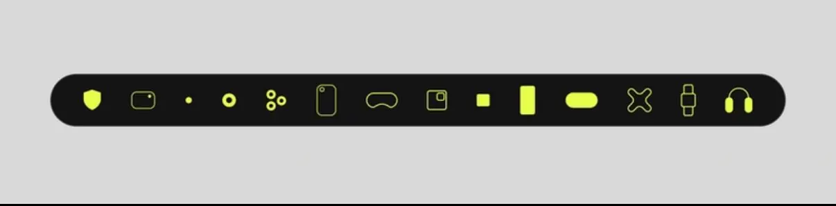 Yellow outline icons on black pill nav bar, minimal, flat, warm