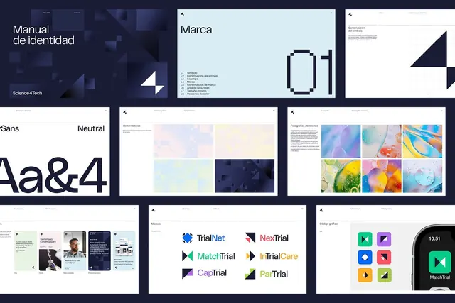 Science4Tech brand identity system pages, minimal, corporate-clean, light