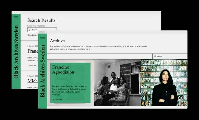 Green sidebar archive search interface, minimal, corporate-clean, light