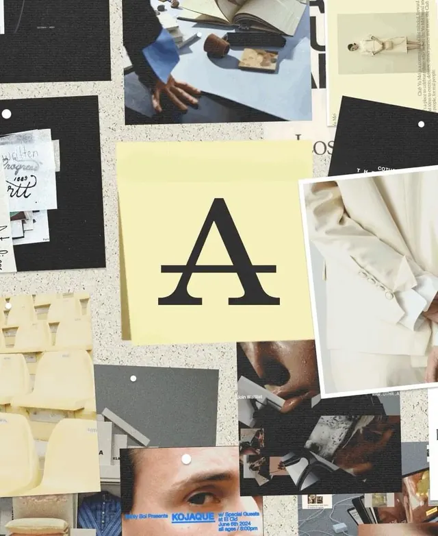 Brand identity moodboard with serif letterform, editorial, minimal, light