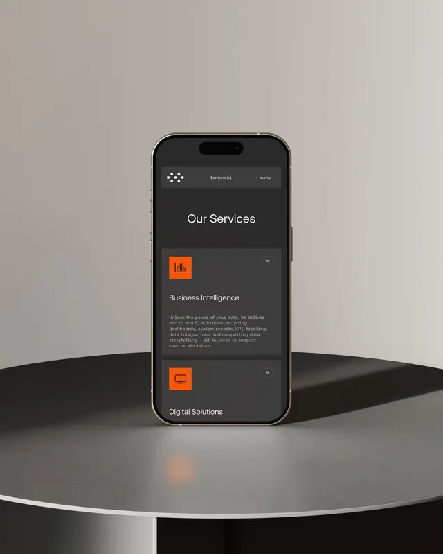 Dark mobile services screen with orange accent icons, minimal, corporate-clean, dark