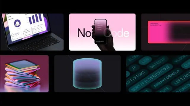Tech product collage with gradients and 3D renders, gradient-heavy, minimal, dark