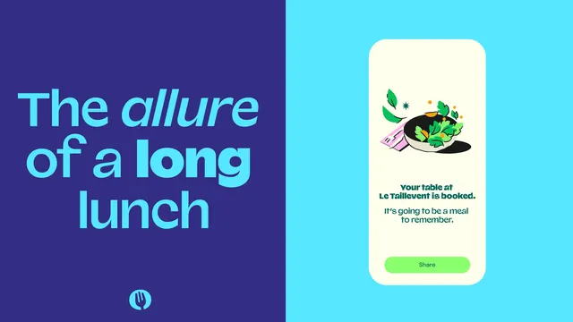 Restaurant booking confirmation, split-screen vibrant UI, minimal, flat, vibrant
