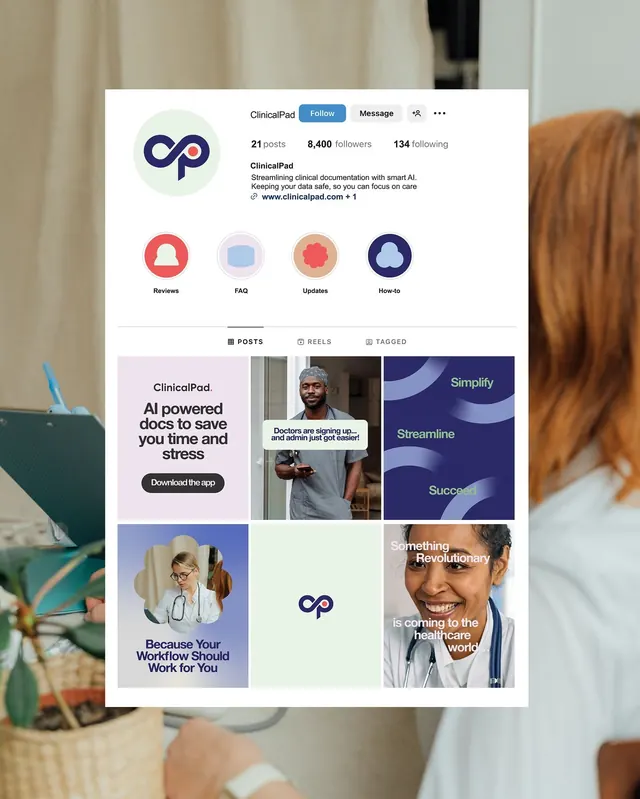 ClinicalPad social profile card, minimal, corporate-clean, light