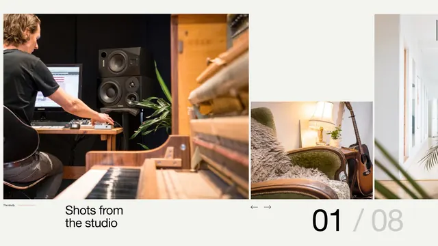 Studio lifestyle photography carousel layout, photographic, editorial, warm