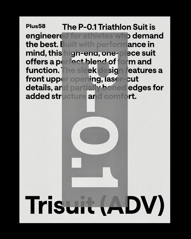 Plus58 athletic product page, monochrome typography-led, technical, minimal, dark
