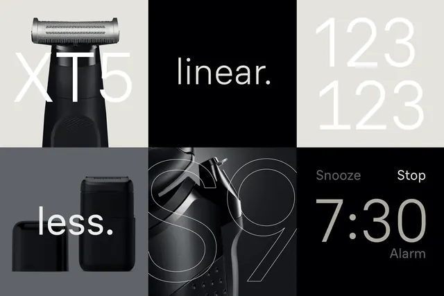 Minimalist product grid with monochrome close-ups, minimal, technical, dark