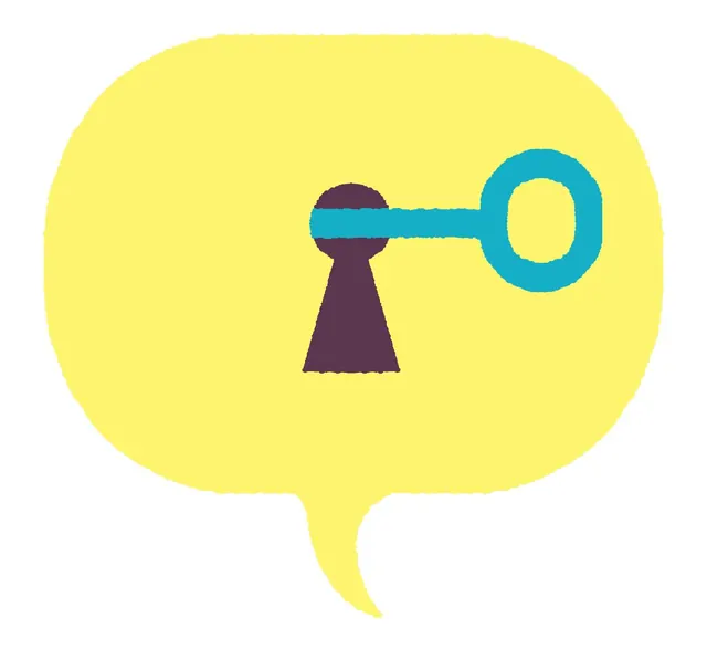 Key icon in yellow speech bubble, flat, minimal, light