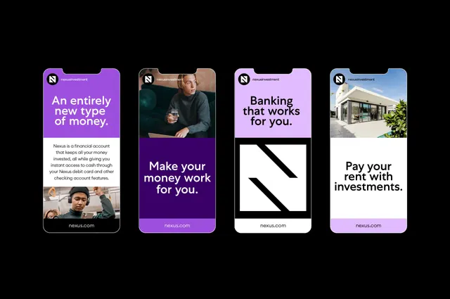 Nexus fintech app feature screens, minimal, corporate-clean, dark