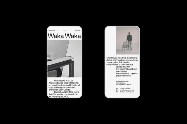 Waka Waka furniture studio portfolio cards, minimal, editorial, light