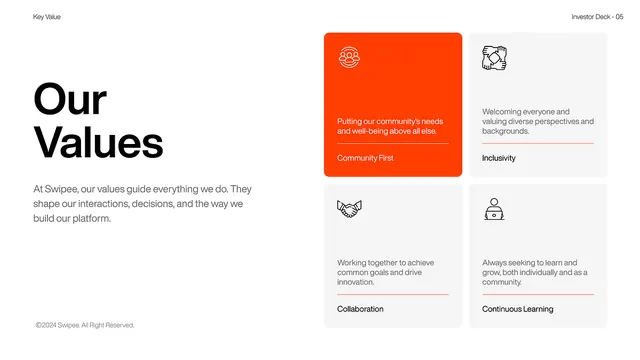 Values page with orange accent card, minimal, corporate-clean, light