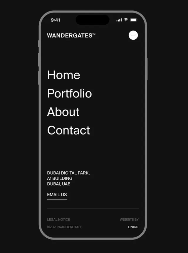 Dark mobile menu for portfolio site, minimal, dark-mode, dark
