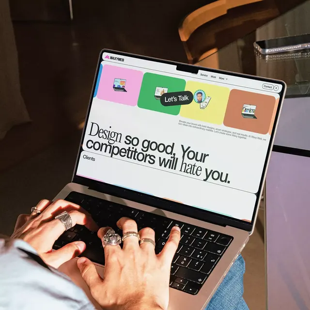 Design agency hero with bold headline and vibrant feature cards, minimal, light