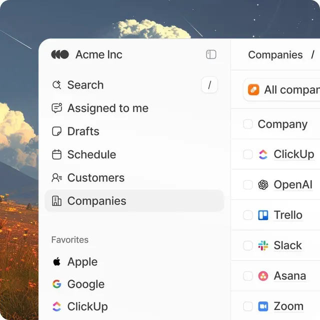 Sidebar navigation with icon-label menu and company filter panel, minimal, flat, light