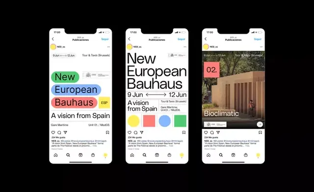 Mobile screens with event and editorial layout, minimal, technical, light