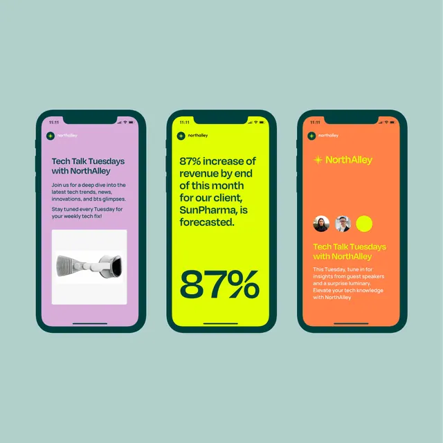 Three mobile screens with neon accents and saturated backgrounds, minimal, flat, vibrant