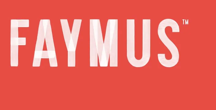 FAYMUS oversized brand wordmark on warm background, minimal, light