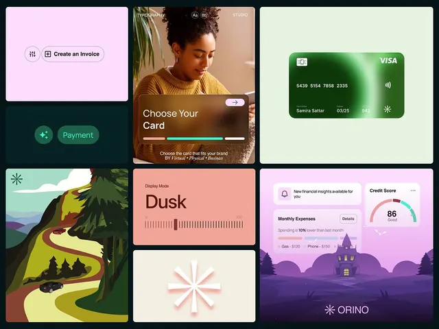 Fintech multi-screen grid with soft gradients and organic imagery, gradient-heavy, minimal, cool