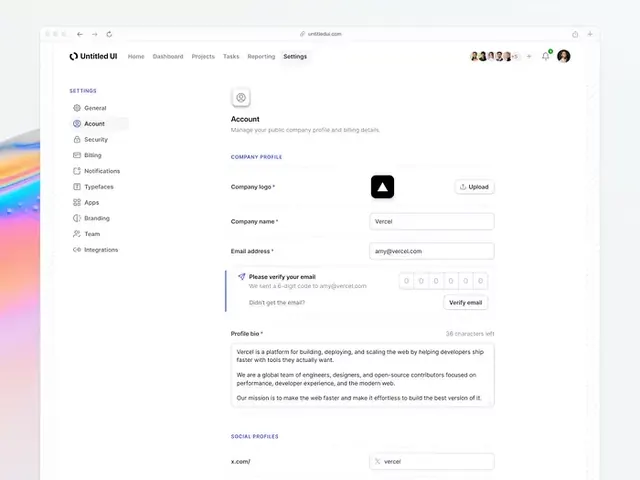 Account settings dashboard with sidebar navigation, minimal, corporate-clean, light