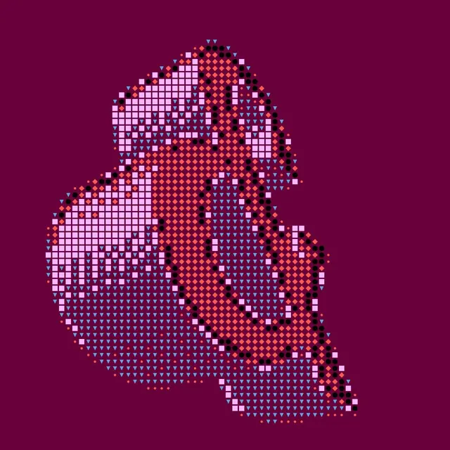 Pixelated hand abstract against deep magenta, abstract, geometric, dark
