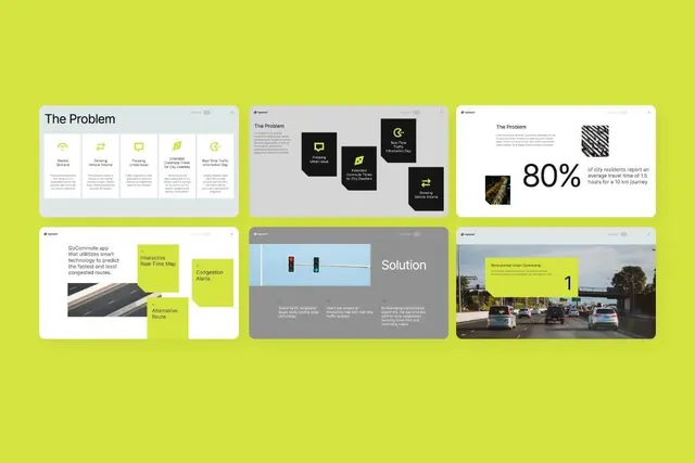 Urban mobility problem and solution boards on lime green background, minimal, flat, vibrant