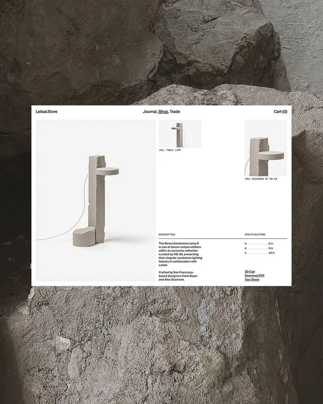 Concrete lamp spec sheet on raw stone, minimal, brutalist, light