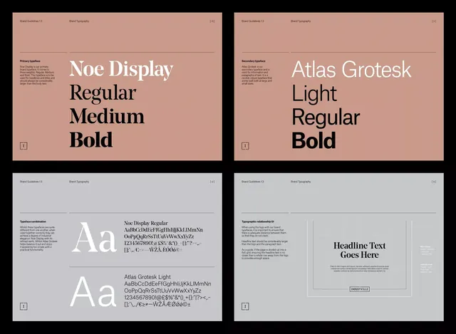 Brand typography guidelines in four-panel grid, minimal, editorial, light