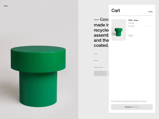 Split e-commerce layout with product hero and cart panel, minimal, light-mode, light