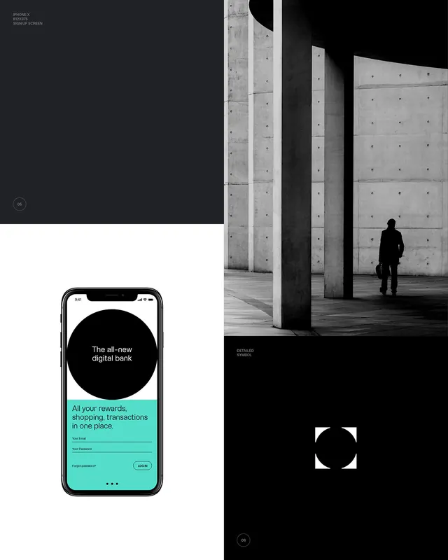 Mobile banking app mockup, minimal, technical, dark
