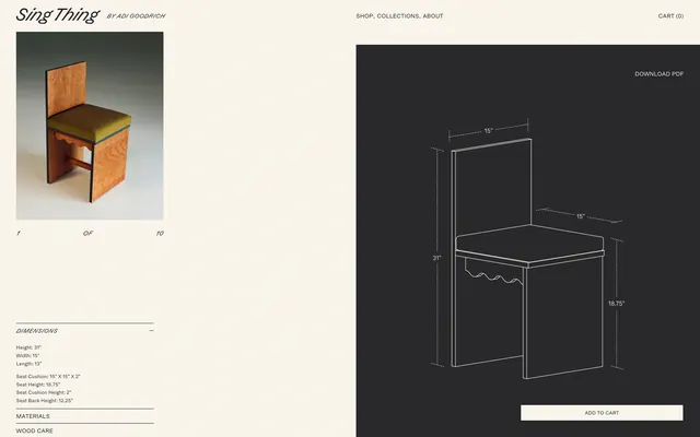 Furniture e-commerce product page layout, minimal, technical, light