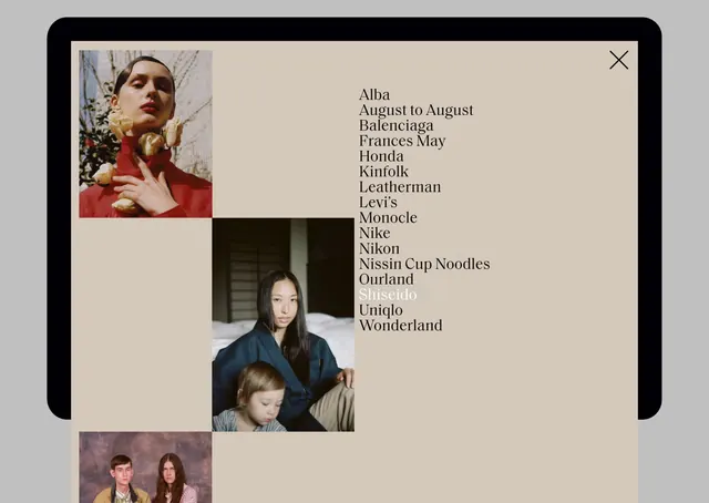 Editorial modal with portrait gallery and brand list, minimal, editorial, light