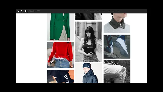 Visual Market gallery grid layout, minimal, technical, dark