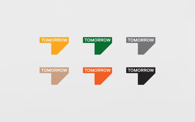 TOMORROW logo mark shown across six brand color variants, minimal, geometric, warm