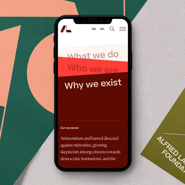 Organizational mobile app with color-blocked tabs, minimal, geometric, dark